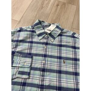 Ralph Lauren Button Down Shirt Men's L Blue Plaid Oxford Long Sleeve Fleshy Pony